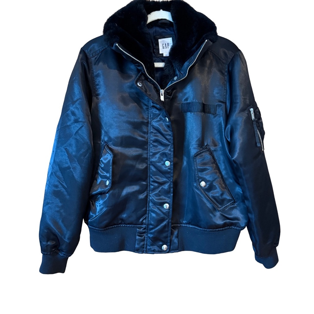 GAP Black Satin Bomber Jacket with Faux Fur